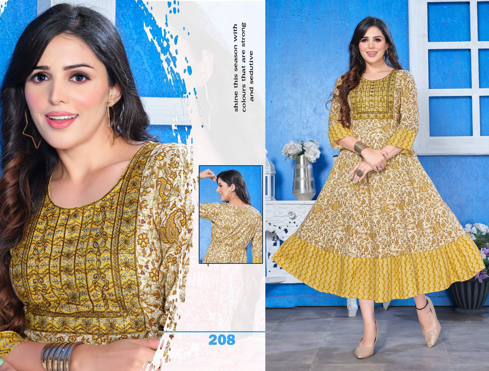 Something Special Golden Heavy Rayon Printed Long Kurtis Wholesale Market In Surat
